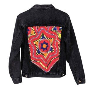 Embroidered Jean jacket ethnic Aztec boho styled black wash Medium T11